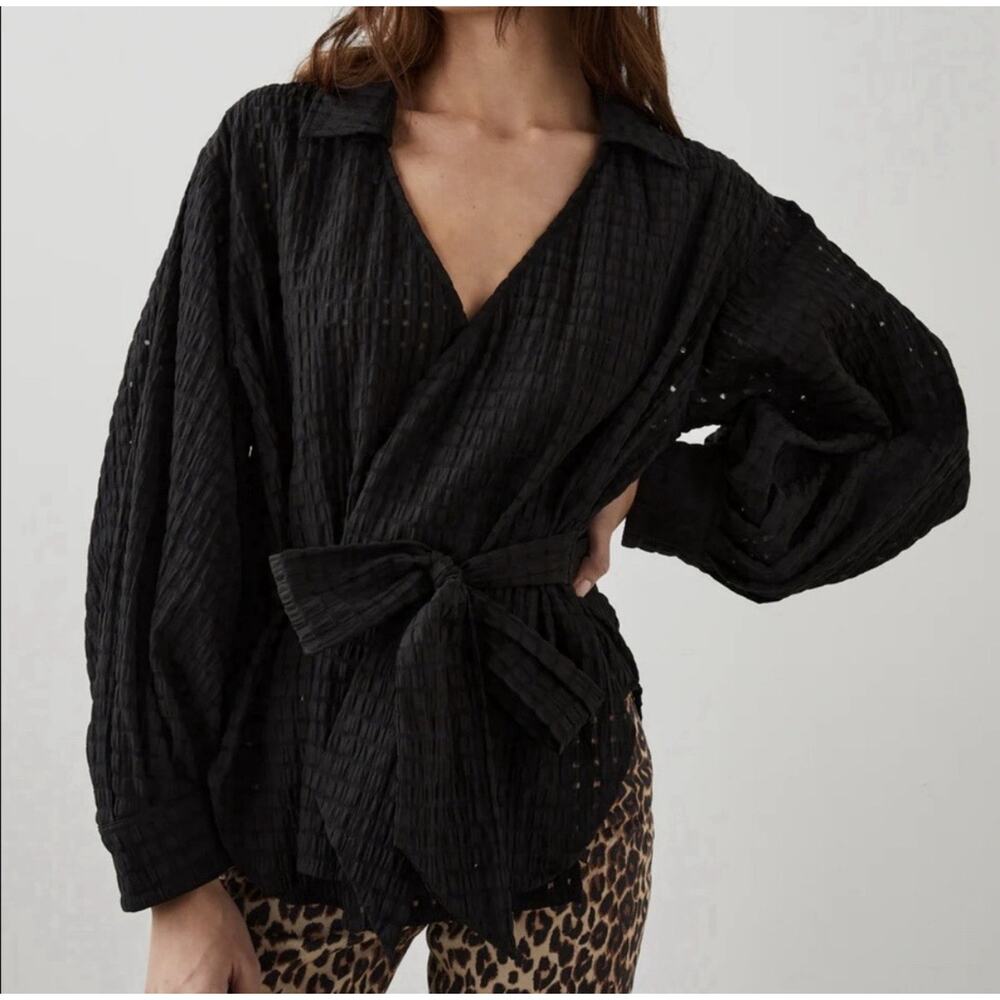 Rails‎ Eileen Women's Size L Black Long Sleeve Wrap Top Seersucker Tie Blouse